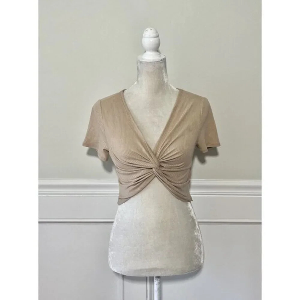 Love J Tan Ribbed Crop Top Twist Front S